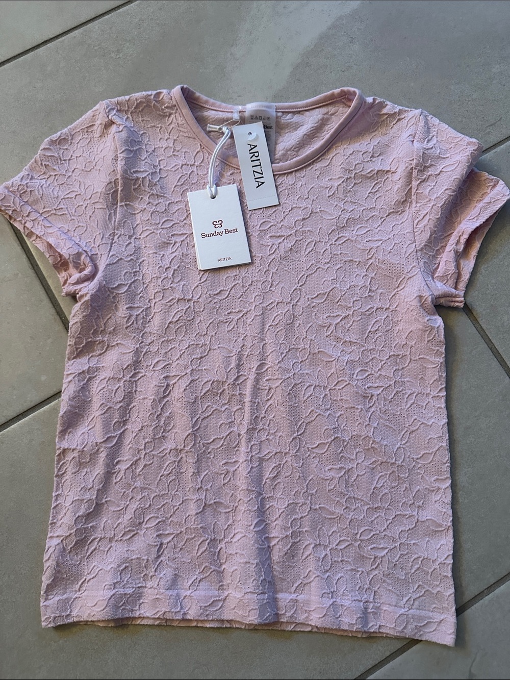 Aritzia Sunday Best Light Pink Floral Lace-Texture Short Sleeve Top